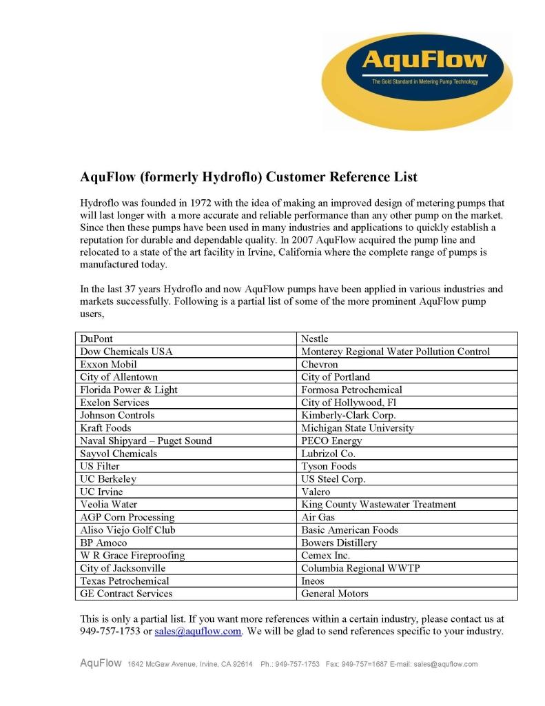 Customer Reference Example Customer Reference List | AcuFlow